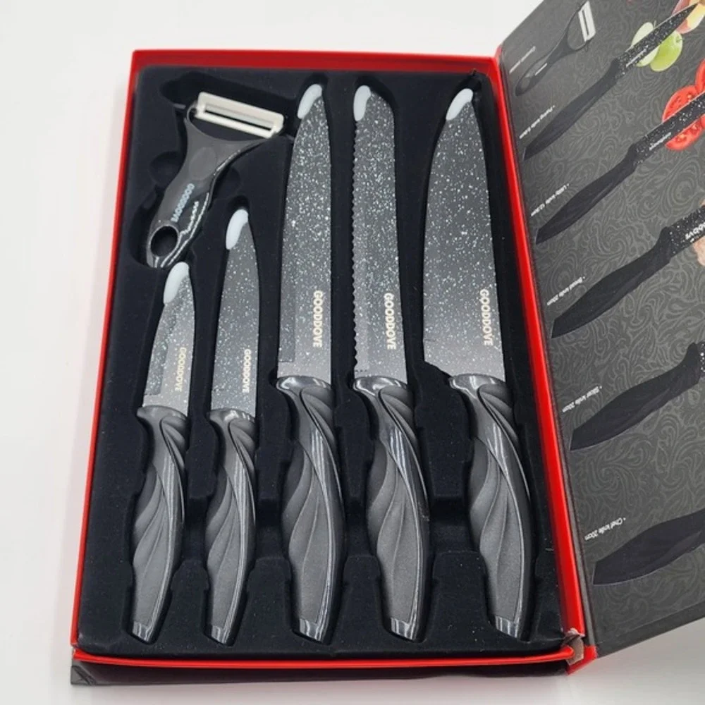 Gooddove SG-9200 Kitchen Knife Set Black 6 Piece Antibacterial‎ Swiss Gold New